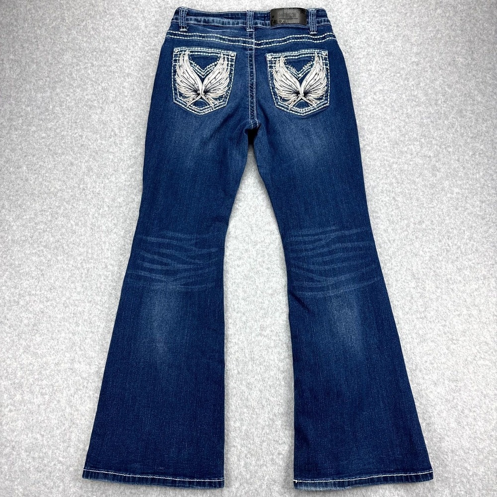 Sky Jeans Women 8 Blue Denim Stretch Angel Wings Rhinestone Whiskering Flare Leg - Picture 2 of 11
